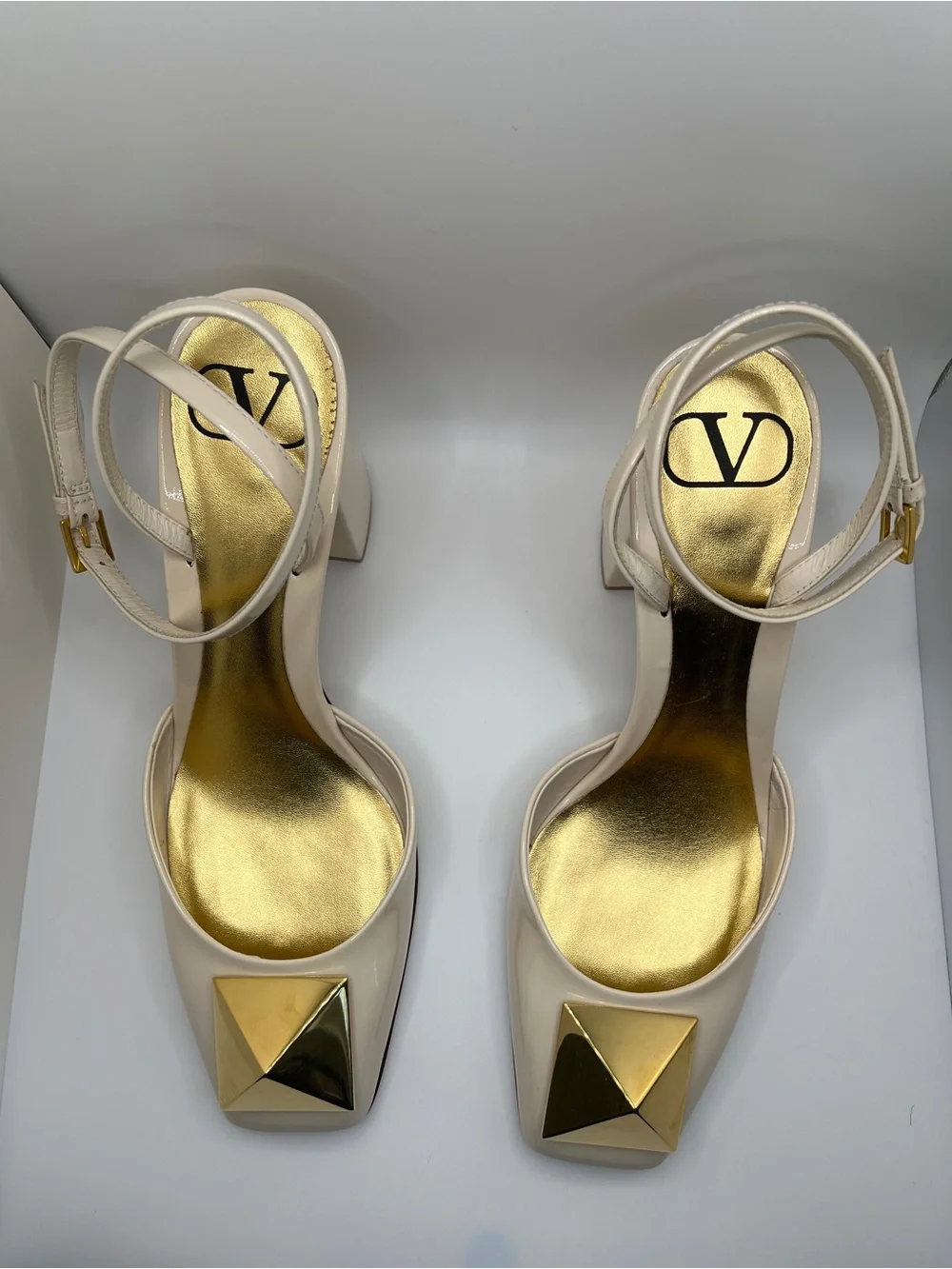 Ivory Slingback Block Heels with Gold Pyramid Accent